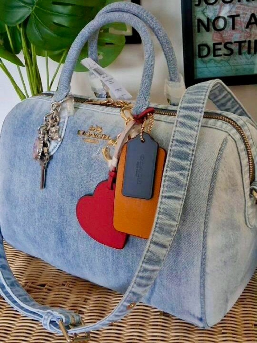 COACH LRG ROWAN DENIM SATCHEL + MATCHING WRISTLET BOTH NWT WITH CHARMS - Picture 9 of 15